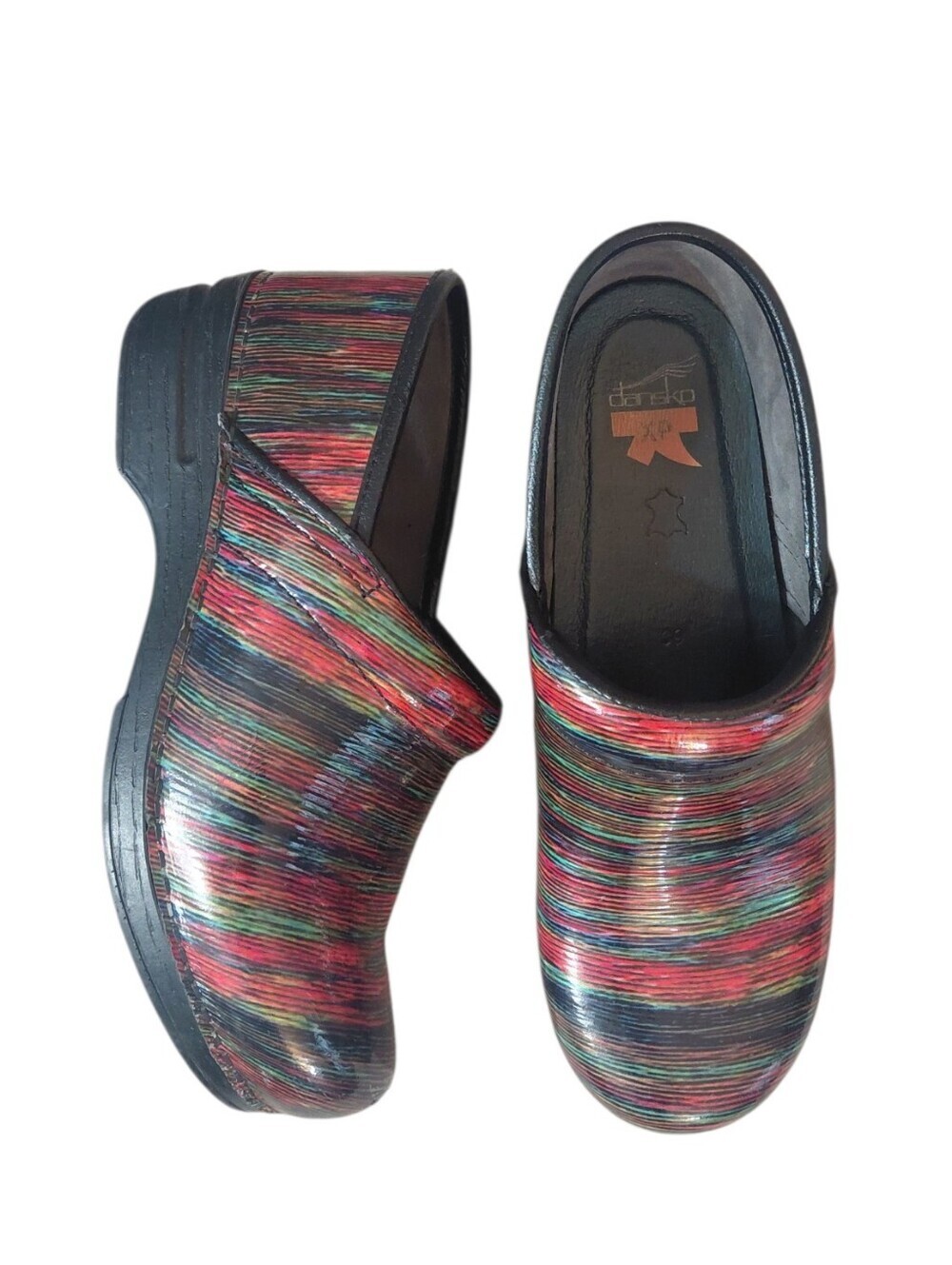 Dansko Multistripe Leather Clogs in Red, Green, Blue